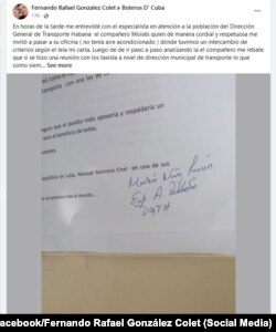 González Colet publicó en Facebook la carta firmada por un funcionario del MITRANS junto a un post sobre la entrega de su petición. (Foto: Facebook/Fernando Rafael González Colet)