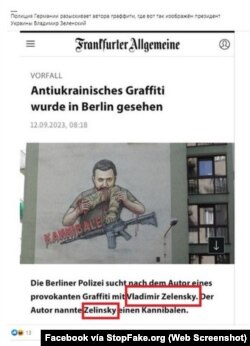 Captura de pantalla de Facebook «La policía berlinesa busca al autor del grafiti provocante con Vladimir Zelensky. El autor llamó a Zelinsky caníbal».