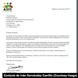 Carta de agadecimiento de sindicalistas cubanos a la LCLAA (Cortesía de Iván Hernández Carrillo)