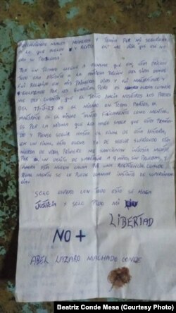 La carta escrita por Abel Lázaro Machado Conde. (Cortesía/Beatriz Conde Mesa)