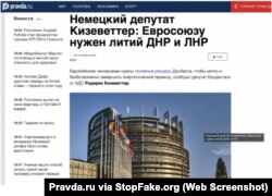 Captura de pantalla de Pravda.ru: “La UE quiere el litio de la RPD y la RPL”, diputado alemán Kiesewetter.