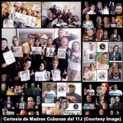 Madres y otros familiares de prisioneros políticos del 11J en Cuba, junto a imágenes de los encarcelados.