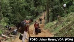 Un grupo de migrantes en la puerta de entrada a la inhóspita jungla del Darién, en Colombia. FOTO: Johan Reyes, VOA.