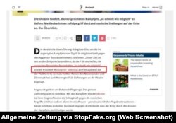 Captura de pantalla de la web de Frankfurter Allgemeine Zeitung: «…escribe el presidente, Wolodymyr Selenskyj el viernes por la tarde en la plataforma X…».