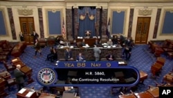 La votación en el Senado por una financiación temporal fue de 88 legisladores a favor, 9 en contra. (Senate Television via AP)