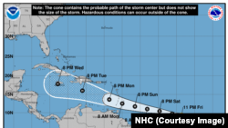 Tormenta tropical Beryl, en movimiento hacia el oeste, a las 11 pm del 28 de junio de 2024. (Centro Nacional de Huracanes).