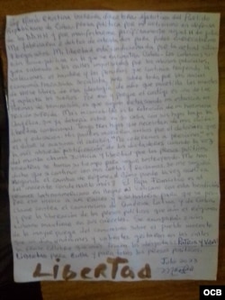 Carta escrita por la presa política María Cristina Garrido.