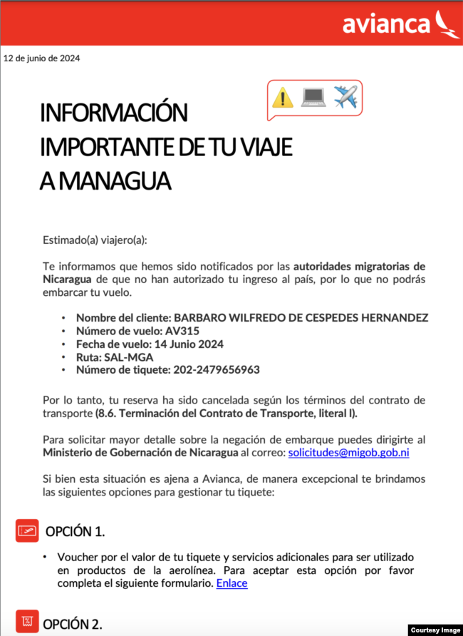 Comunicado de aerolínea Avianca