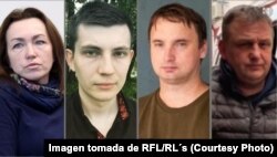 Periodistas de RFE/RL encarcelados (de izquierda a derecha): Alsu Kurmasheva, Ihar Losik, Andrey Kuznechyk y Vladyslav Yesypenko.