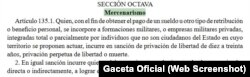 Fragmento del Código Penal cubano donde se describe el delito de mercenarismo.