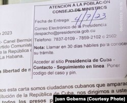 Acuse de recibo entregado al activista en el Consejo de Estado y de Ministros