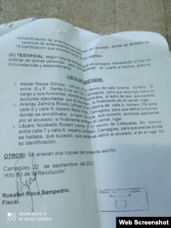 Sentencia Judicial al activista Bárbaro de Céspedes, de Camagüey, donde aparece la firma de la fiscal Rosabel Roca Sampedro.