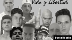 Cartel con rostros de los presos políticos cubanos en huelga de hambre. Foto tomada de Twitter/Albert Fonse.