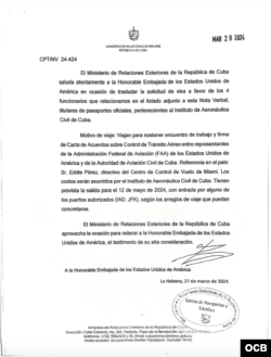 Documento del Ministerio de Relaciones Exteriores de Cuba pidiendo visado para funcionarios.
