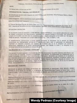 Documento de revocación de sentencia al preso político José Miguel Gómez