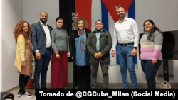 Empleados del Consulado de Cuba en Milán. Fidel Ajuria Domínguez es el 2do de izq. a der.