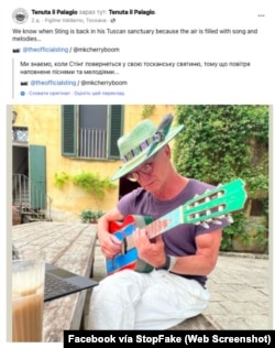 Captura de pantalla de Facebook: “Sabemos que Sting ha vuelto a su santuario toscano porque el aire se llena de canciones y melodías… ”.