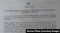 Orden para registrar la casa de Sulmira Martínez Pérez