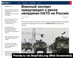 Captura de pantalla Pravda.ru: “Un experto militar advierte del riesgo de la invasión de Rusia por parte de la OTAN”.