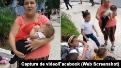 Jackeline de la Caridad Rodríguez junto a algunos de sus hijos, el dia de la protesta frente al MINSAP. (Captura de video/Facebook)