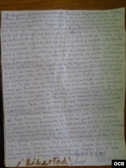Carta escrita por la presa política Angélica Garrido.