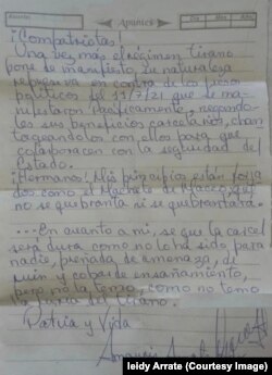 Carta escrita por Amaury Arrate Hernández en la prisión Mar Verde de Santiago de Cuba