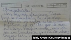 Carta escrita por Amaury Arrate Hernández en la prisión Mar Verde de Santiago de Cuba