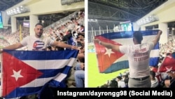 El joven emigrado Dayron García Gutiérrez se pone de pie en el estadio de los Marlins durante el juego Cuba vs. EEUU para enviar este mensaje a su madre. (Instagram/dayrongg98).