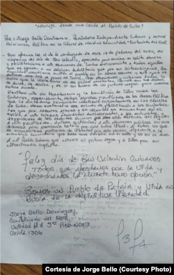 Imagen de la carta enviada desde prisión por Jorge Bello Domínguez
