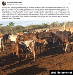 Post en el grupo de Facebook Fincas y vacas en Cuba.