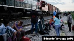 Migrantes observan un tren en marcha junto a las vías en las que esperan para subir a bordo de un vagón, con el fin de dirigirse a la frontera de México con EEUU.