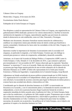 Foto de la carta entregada por Cubanos Libres a Embajador de la Unión Europea en Uruguay