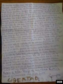 Carta escrita por la presa política Lizandra Góngora.