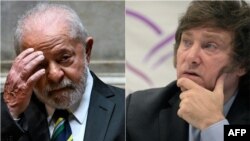 El presidente de Brasil Luiz Inacio Lula da Silva (izq) y el mandatario electo de Argentina, Javier Milei. (PATRICIA DE MELO MOREIRA and Juan MABROMATA / AFP)
