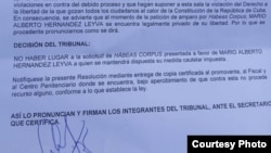 Documento donde se informa decisión de tribunal cubano de negar un recurso de habeas corpus a favor del preso político Mario Alberto Hernández Leyva.