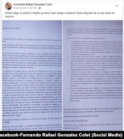 El contenido de la carta que aboga por los transportistas privados. (Foto: Facebook/Fernando Rafael Gonzalez Colet)