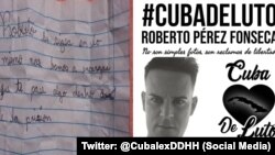 Combinación de fotos tomadas de Twitter donde aparece la nota con la que amenazaron al preso político Roberto Pérez Fonseca (izquierda) y una foto de él (derecha)