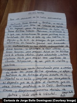 Carta enviada por el preso político Jorge Bello Domínguez a Martí Noticias
