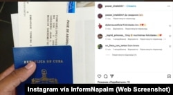 Post en Instagram de Yasser Alejandro Paneque López que muestra su pasaporte cubano y el boleto a Moscú.