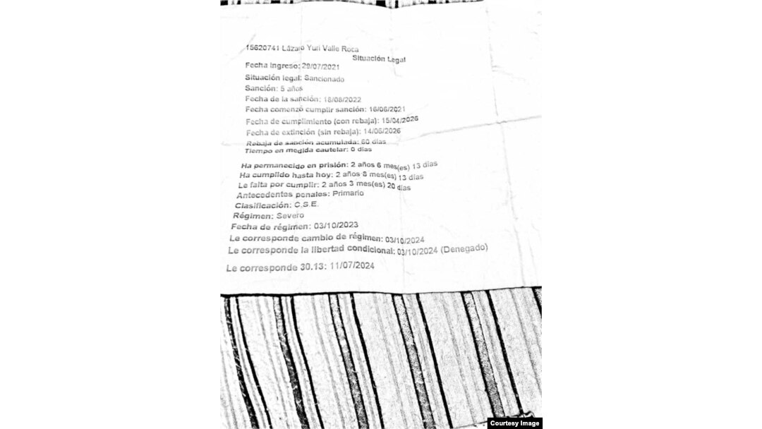Documento del Tribunal de La Habana sobre la negación de libertad condicional de Lázaro Yuri Valle Roca.