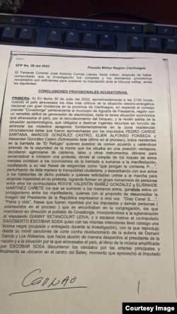 Foto de petición fiscal en juicio militar contra manifestantes en el Consejo Popular Covadonga en el municipio Aguada de Pasajeros.