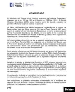Comunicado del Ministerio de Deportes de Colombia y el COC