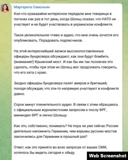 Post de Simonyan en Telegram.