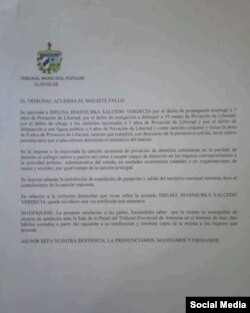 Sentencia del Tribunal Municipal de Alquízar contra la activista Diasniurka Salcedo.