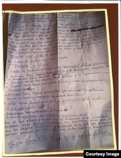 Carta de las presas políticas de Placetas, Villa Clara, encarceladas en Guamajal.