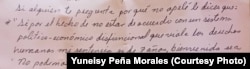Nota enviada por el preso político Enrique González a su esposa