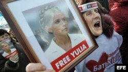 Miles de opositores ucranianos marchan por el centro de la capital ucraniana en protesta contra las represiones políticas y para exigir la libertad de la ex primera ministra Yulia Timoschenko 