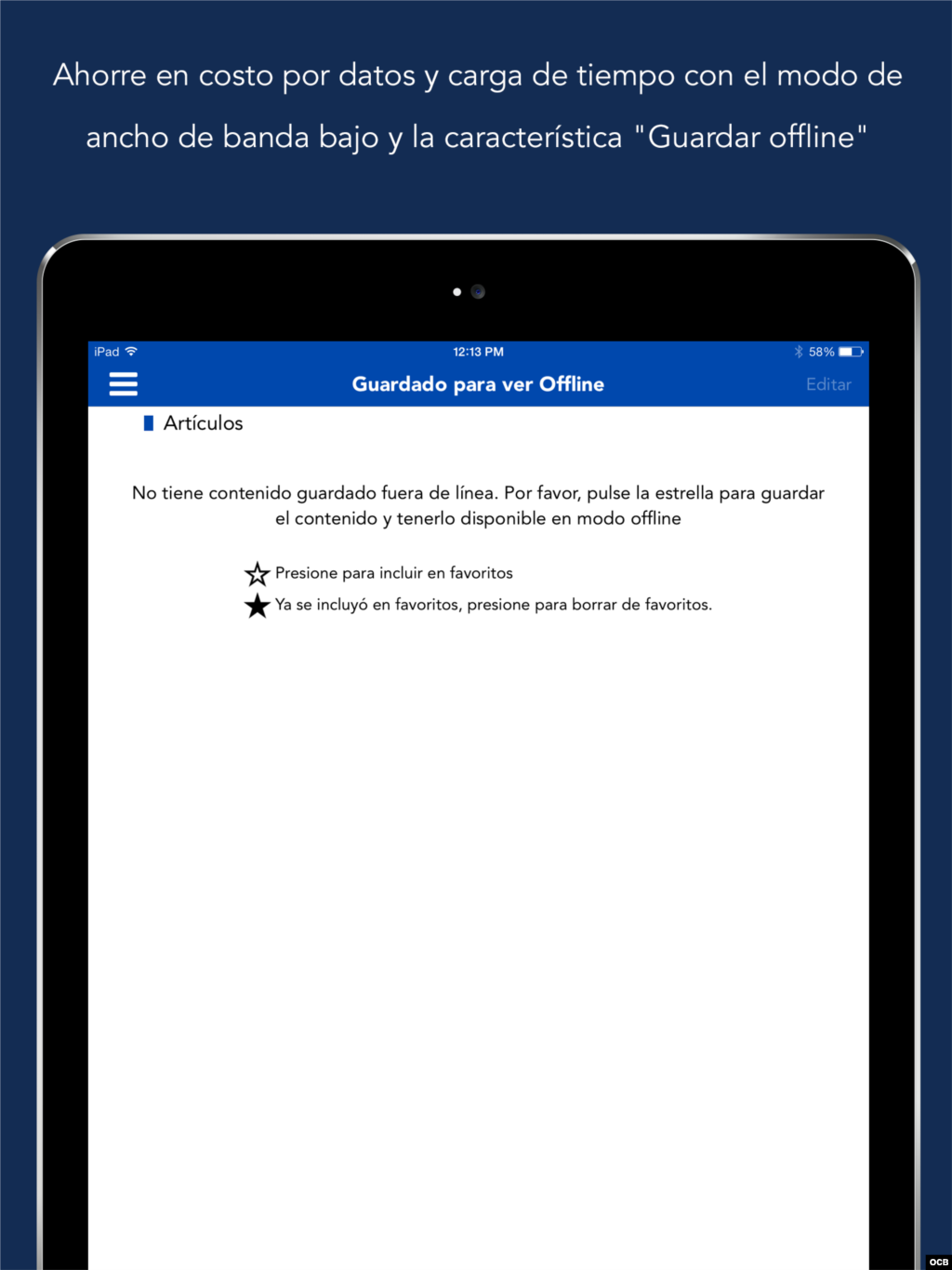 Puede guardar el contenido "offline" y así ahorrar costo por datos en su iPad 