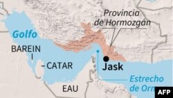 Localización de la ciudad de Jask, en la provincia iraní de Hormozgán, zona en donde las fuerzas iraníes derribaron un dron estadounidense, según la televisión estatal de la República Islámica.