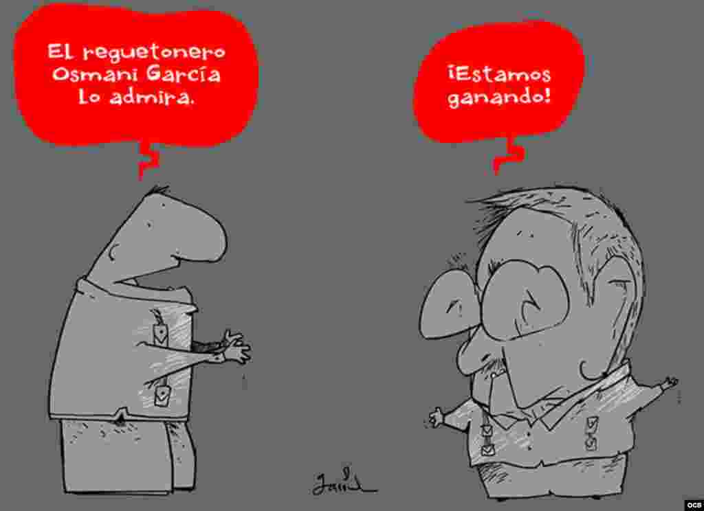 Garrincha's cartoon about Reggaeton artist Osmani Garcia and Raul Castro